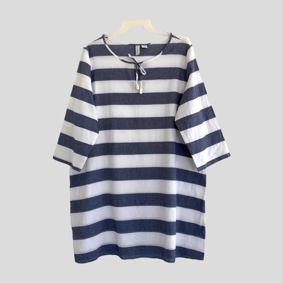 Vintage Dresses & Skirts - Y2K Palm Island Women’s 3X Nautical Blue & White  Stripe Dress Midi 3/4 Sleeve